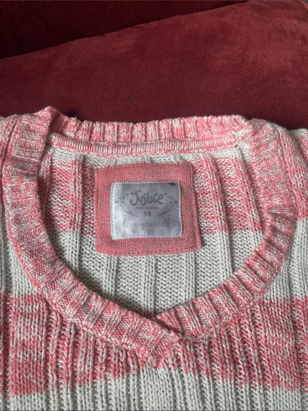 Justice Pink & White Striped V-Neck Ribbed Sweater